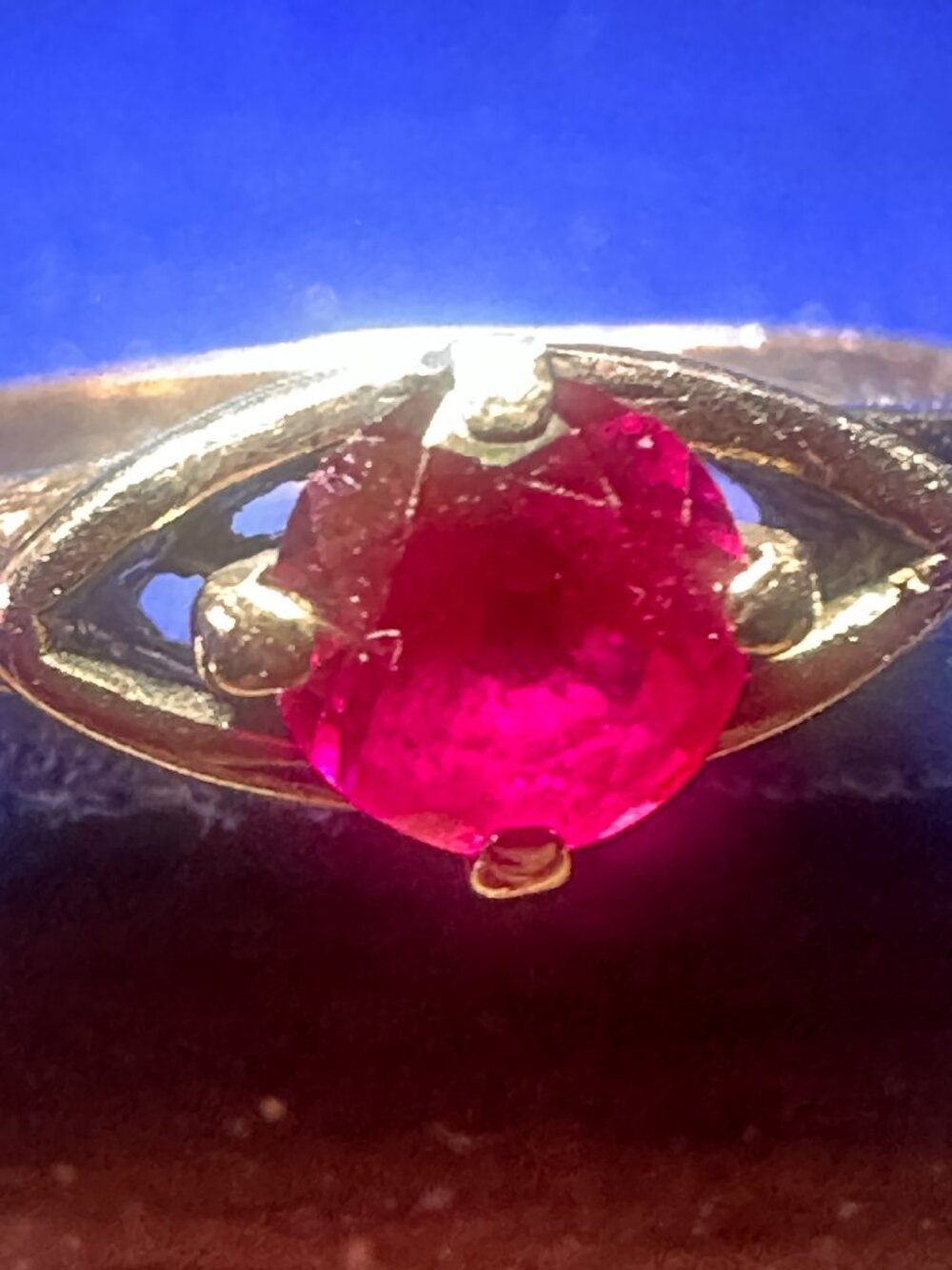 Vintage Caron Bros 10K Yellow Gold Ruby Ring — Navette Open Bezel Setting - Picture 9 of 9